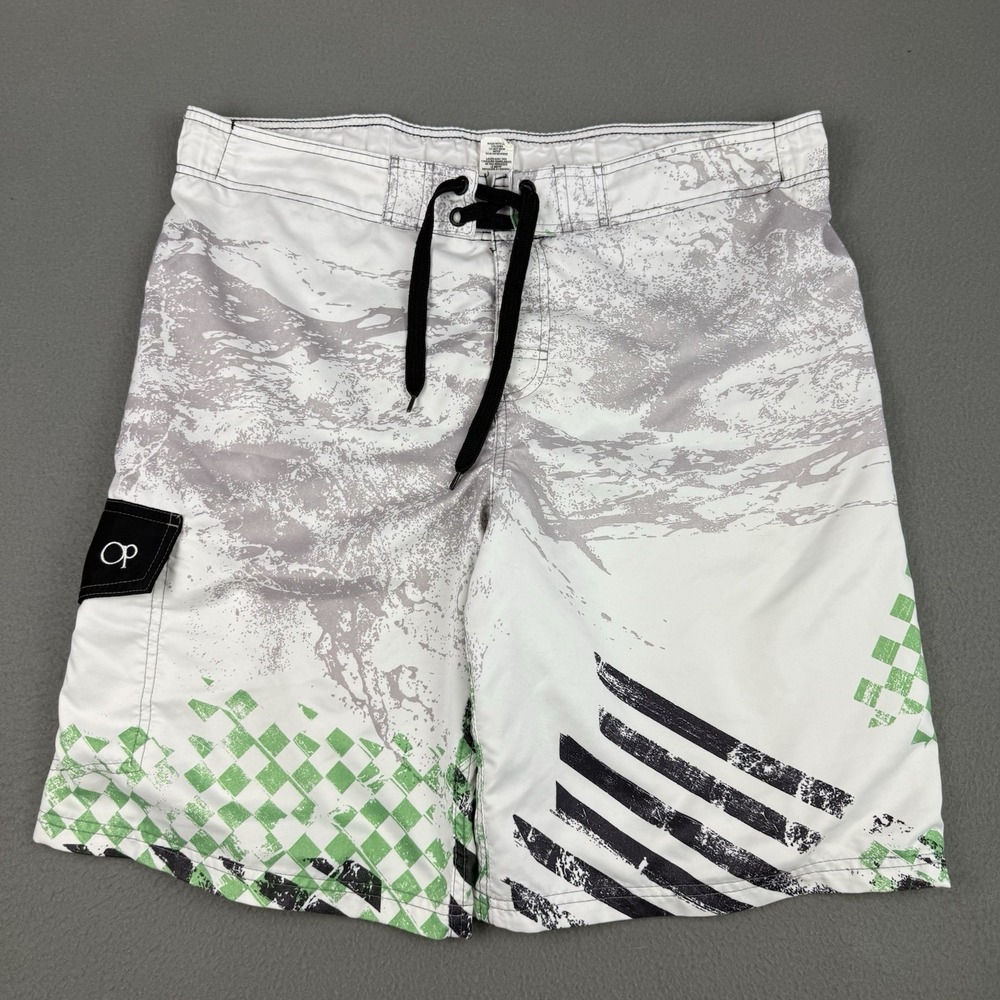 Vintage Y2K OP Surf Board Shorts Size 38 Green‎ White Grunge Skater Checkered